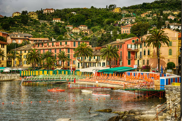 An early morning shot of the empty beach in Rapallo, Italy
