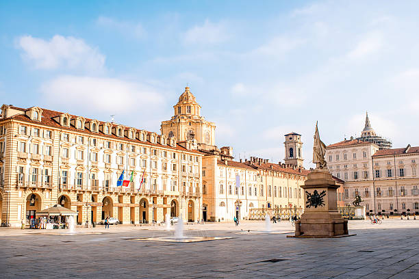 Castle square with saint Lawrence church in Turin in Piedmont region in Italy